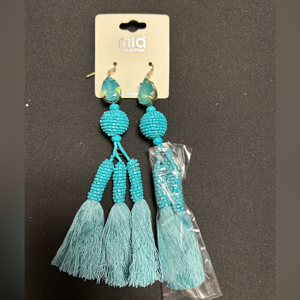 NWT Mai Collection TURQUOISE BEADED TASSEL EARRINGS